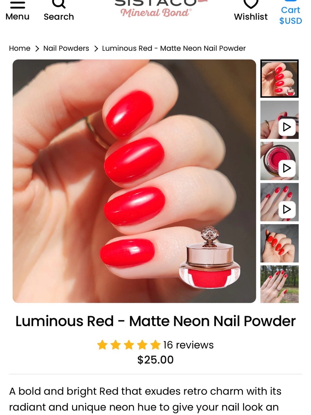 Sistaco Luminous Red Matte Neon Nail Powder